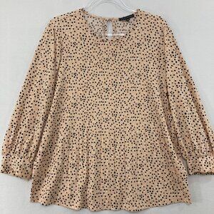 Adrianna Papell Top size XL Black Tan Polka Dot Pleated Textured Stretch Office